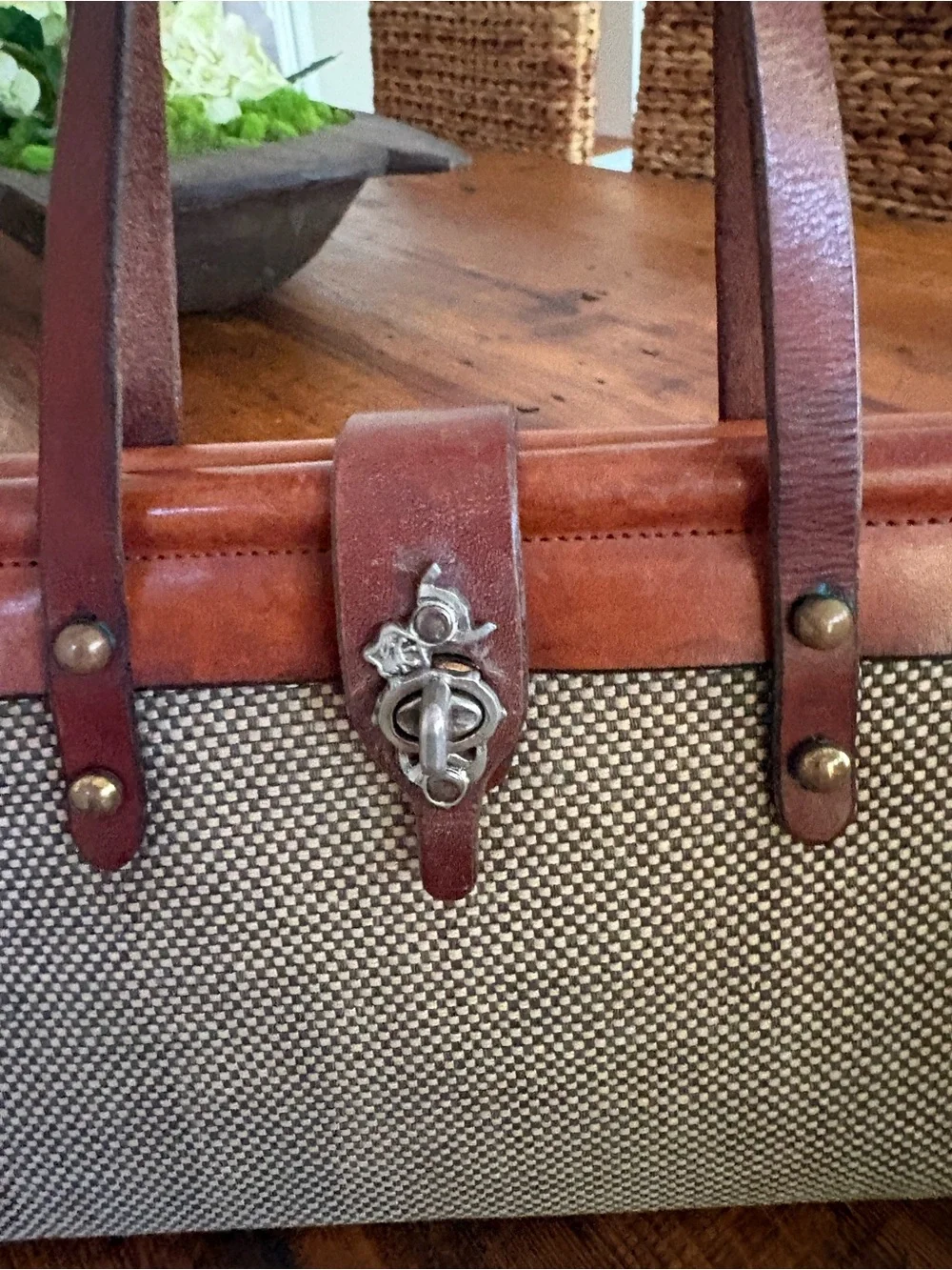 VTG 1969 John Romain Tweed Leather Satchel Tote Bag Casual Corner Clasp Academia